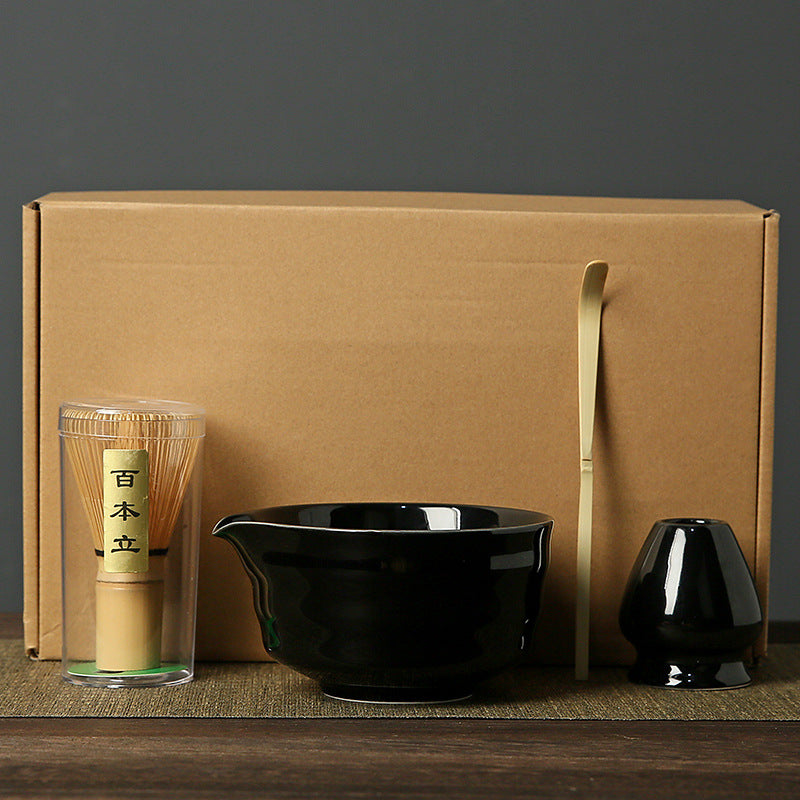 Black Complete Matcha Tea Ceremony Set - 4-Piece Japanese Traditional Whisk, Bowl, Whisk Holder &amp; Scoop for Authentic Preparation at Home