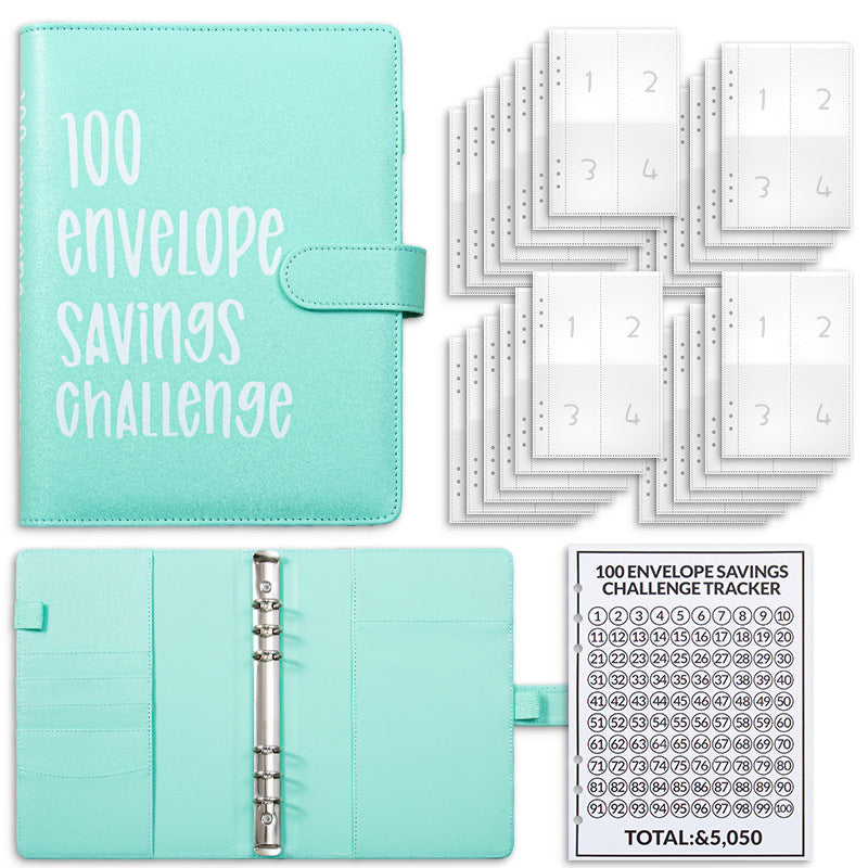 Cyan 100 Envelope Savings Challenge Binder - A5 Budget Planner &amp; Money Organizer with Zipper Pockets - Perfect for Couples &amp; Families