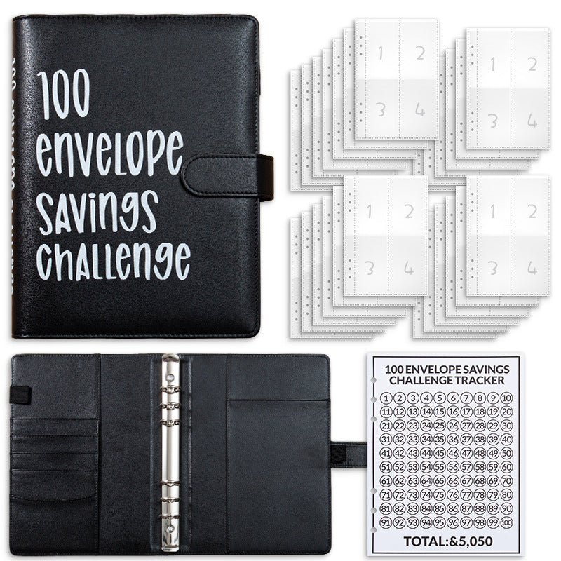 Black 100 Envelope Savings Challenge Binder - A5 Budget Planner &amp; Money Organizer with Zipper Pockets - Perfect for Couples &amp; Families