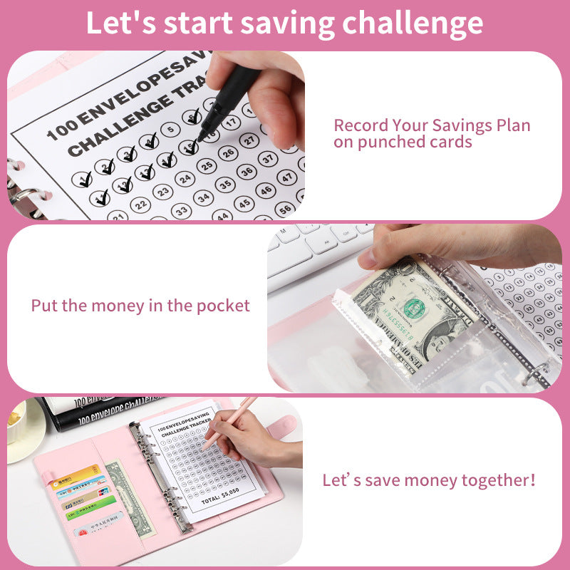 White 100 Envelope Savings Challenge Binder - A5 Budget Planner & Money Organizer with Zipper Pockets - Perfect for Couples & Families