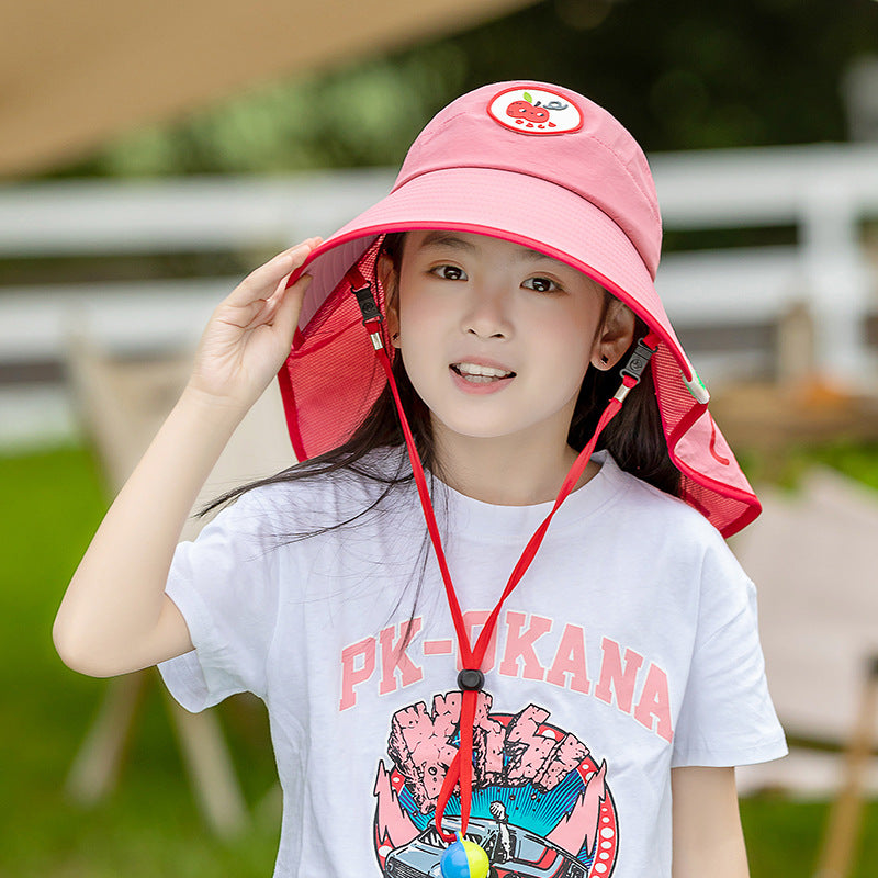 Red Kids UV Protection Sun Hat - Breathable Wide Brim Bucket Hat with Neck Flap for Summer Beach &amp; Outdoor Play