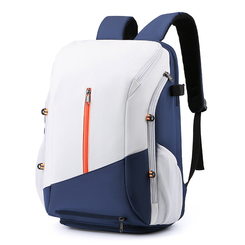 White and blue Multi-functional Sports Backpack for Men &amp; Women - Waterproof Basketball, Badminton, Tennis &amp; Soccer Bag with Shoe Compartment + Net