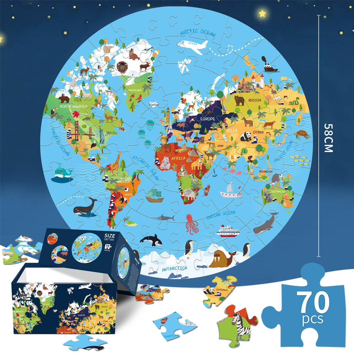 World Animal Puzzle Round Cardboard 70-Piece Jigsaw Puzzle - Educational Kids Puzzle Toy, Fun &amp; Engaging