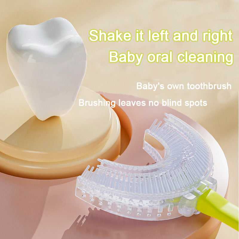 Green tiger U-Shaped Kids Toothbrush - Food Grade Silicone Manual Toothbrush for 2-12 Year Olds - 360 degree Full Mouth Cleaning Baby Oral Care - Comes with Wall Mount Holder