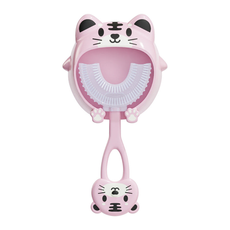 Pink tiger U-Shaped Kids Toothbrush - Food Grade Silicone Manual Toothbrush for 2-12 Year Olds - 360 degree Full Mouth Cleaning Baby Oral Care - Comes with Wall Mount Holder