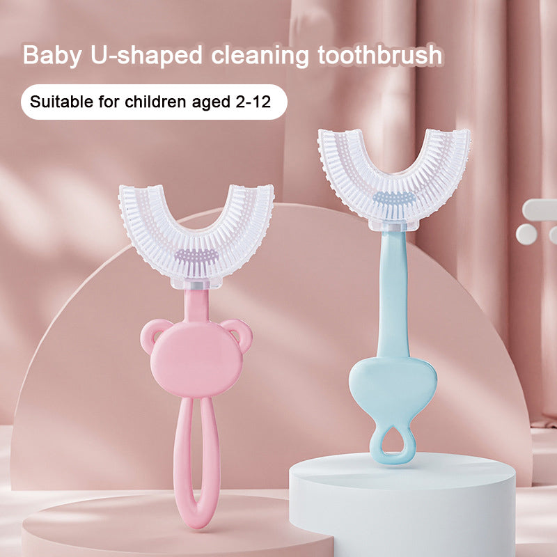 Green frog U-Shaped Kids Toothbrush - Food Grade Silicone Manual Toothbrush for 2-12 Year Olds - 360 degree Full Mouth Cleaning Baby Oral Care - Comes with Wall Mount Holder