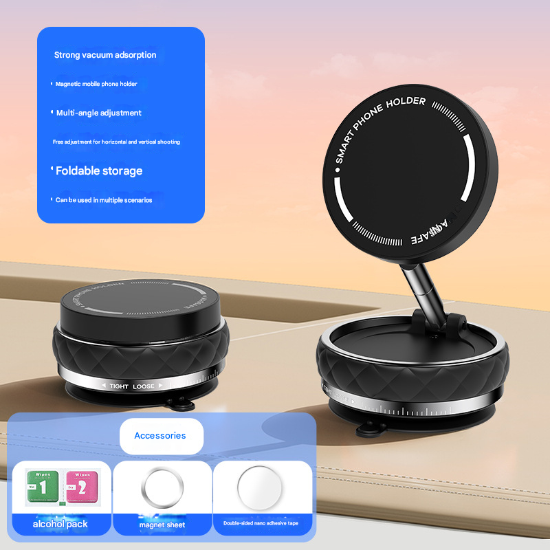 Black Foldable Magnetic Phone Holder with Vacuum Suction - Multi-Angle Adjustable Zinc Alloy Desktop Phone Stand - Portable &amp; Stable for Desk, Car &amp; Multi-Scenario Use