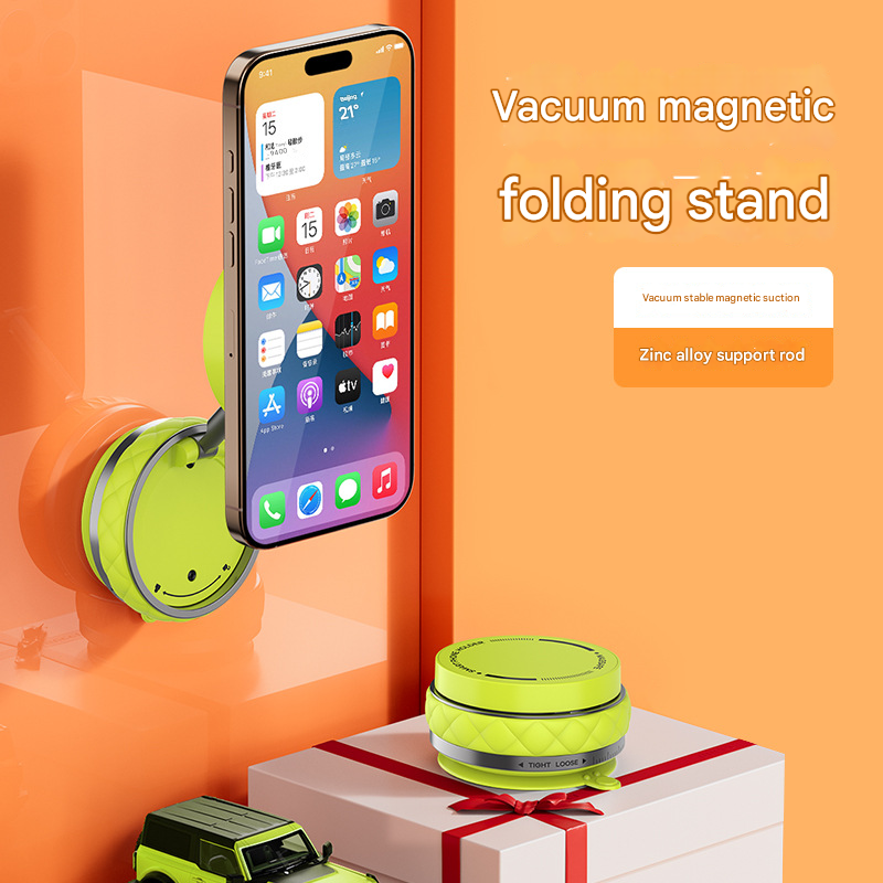 Black Foldable Magnetic Phone Holder with Vacuum Suction - Multi-Angle Adjustable Zinc Alloy Desktop Phone Stand - Portable & Stable for Desk, Car & Multi-Scenario Use