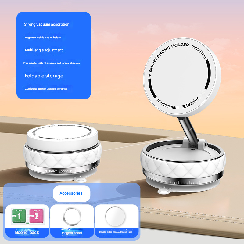 White Foldable Magnetic Phone Holder with Vacuum Suction - Multi-Angle Adjustable Zinc Alloy Desktop Phone Stand - Portable &amp; Stable for Desk, Car &amp; Multi-Scenario Use