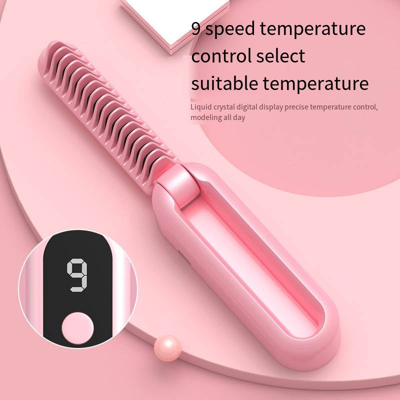 Beige Portable Foldable Cordless Hair Straightener Comb - 2-in-1 Ionic Styling for Smooth, Frizz-Free Hair