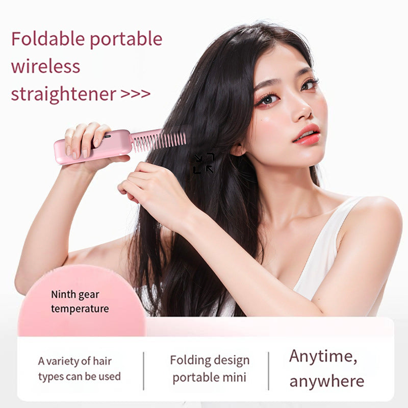 Beige Portable Foldable Cordless Hair Straightener Comb - 2-in-1 Ionic Styling for Smooth, Frizz-Free Hair