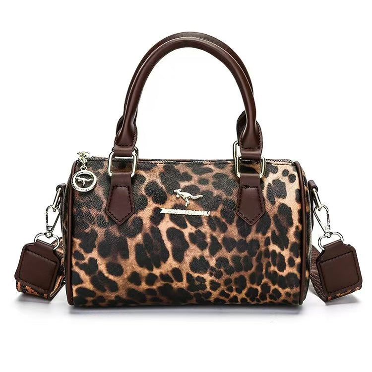 Brown leopard print Stylish PU Leather Boston Bag - Elegant Retro Single Shoulder Crossbody Handbag for Women