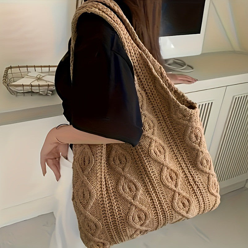 Khaki twist Bohemian Knit Shoulder Bag - Hand-Woven Crochet Tote for Women