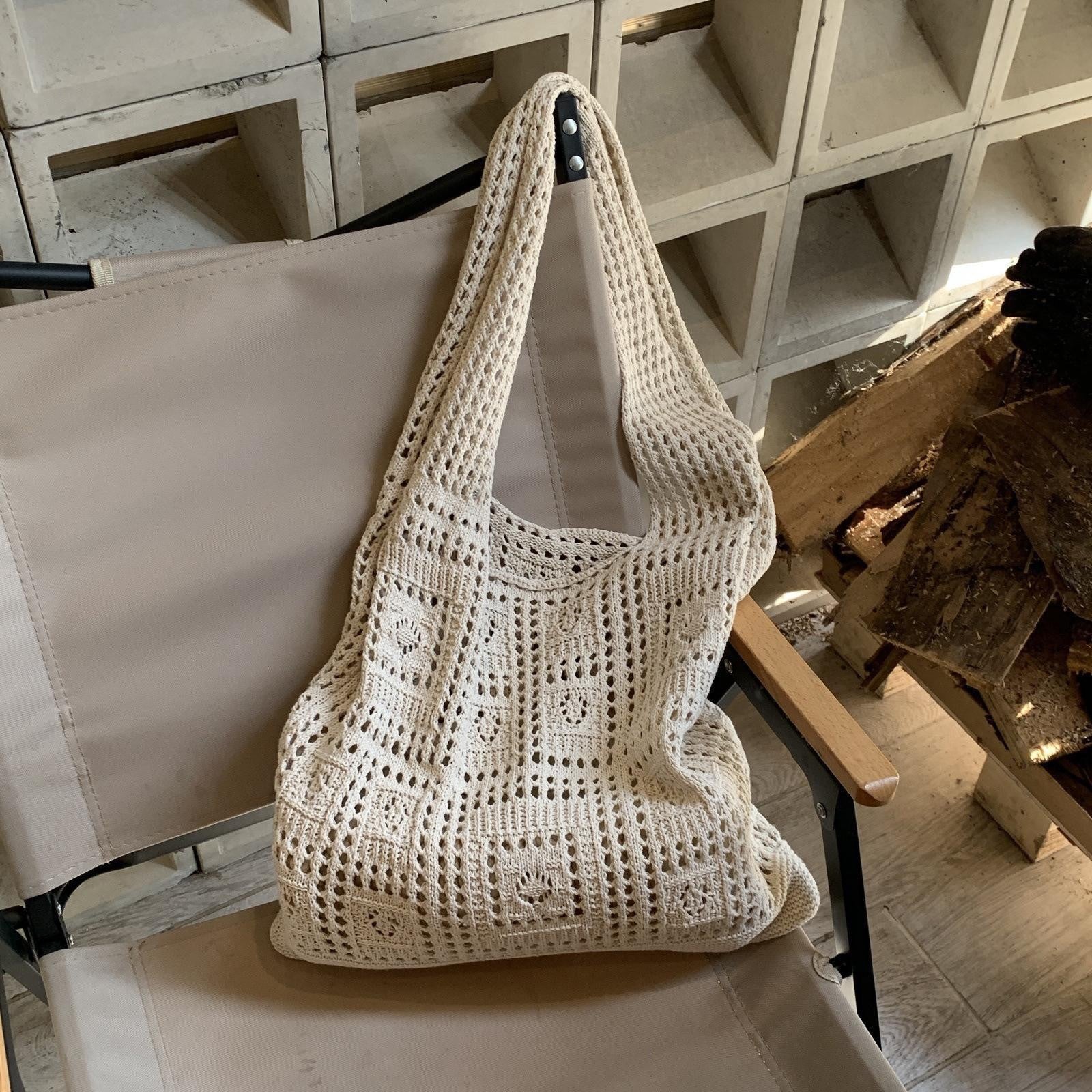 Beige square Bohemian Knit Shoulder Bag - Hand-Woven Crochet Tote for Women