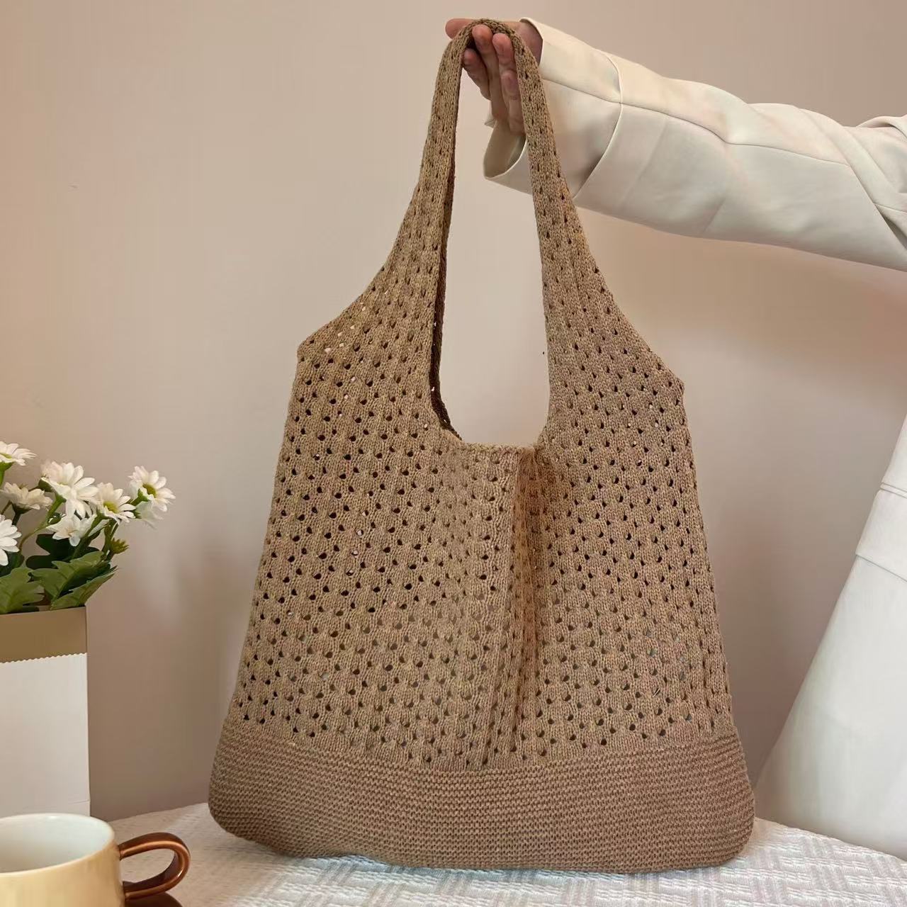 Khaki honeycomb holes Bohemian Knit Shoulder Bag - Hand-Woven Crochet Tote for Women