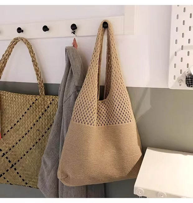 Khaki honeycomb holes Bohemian Knit Shoulder Bag - Hand-Woven Crochet Tote for Women