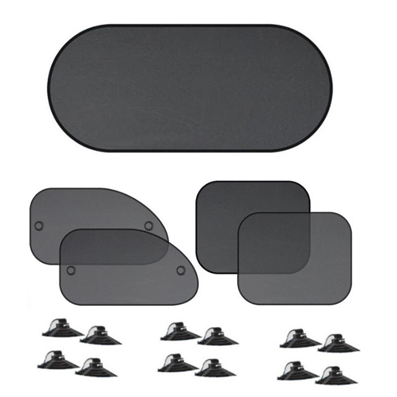 Black Universal Car Window Sun Shade Set - Mesh Fabric UV Protection(One solid rear baffle + two perforated angled baffles + two solid side baffles)