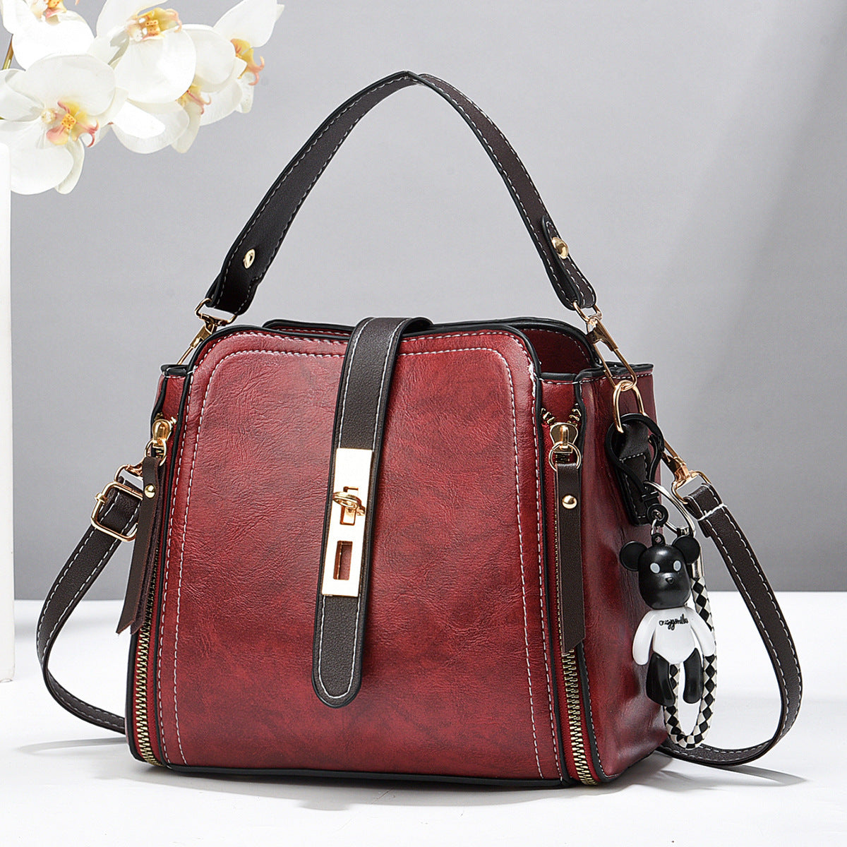 Wine red Fashion Women's Bucket Bag - Summer Crossbody Shoulder Handbag with Keychain