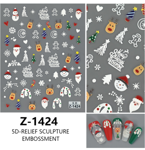 4PCS 5D Embossed Christmas Nail Art Stickers - Santa, Snowman, Reindeer &amp; Snowflake Designs for Festive Manicures(Z-1424)