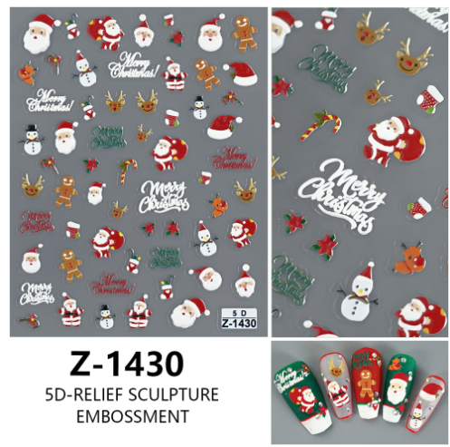 4PCS 5D Embossed Christmas Nail Art Stickers - Santa, Snowman, Reindeer &amp; Snowflake Designs for Festive Manicures(Z-1430)