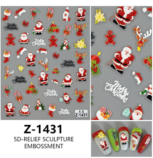 4PCS 5D Embossed Christmas Nail Art Stickers - Santa, Snowman, Reindeer &amp; Snowflake Designs for Festive Manicures(Z-1431)