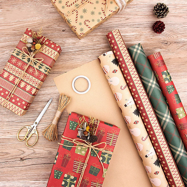 Christmas Gift Wrapping Paper 6-Pack - Vintage Kraft Style for Holiday Presents, 70x50cm