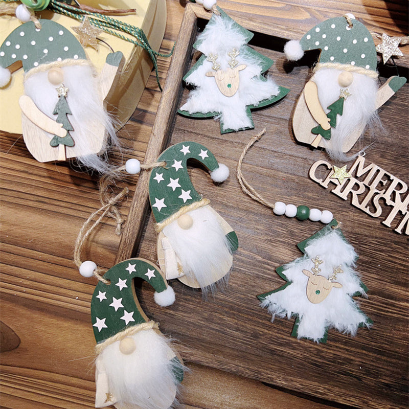 3-PCS Green wood chip trees Christmas Ornaments Hanging Pendants Nordic Style Gnomes and Reindeer with Faux Fur and Beads for Xmas Tree Home Party Decoration