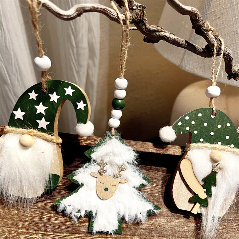 3-PCS Old Man with Green Stars Christmas Ornaments Hanging Pendants Nordic Style Gnomes and Reindeer with Faux Fur and Beads for Xmas Tree Home Party Decoration