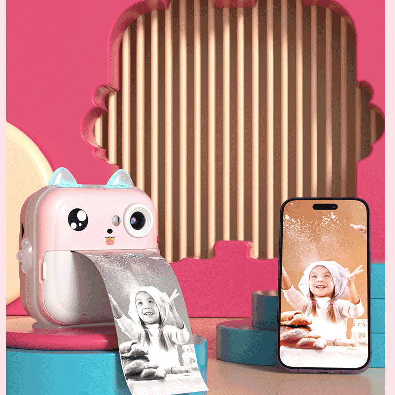 Pink cat Kids Instant Print Camera Zero Ink Digital Video Recorder with 32GB Card and 3 Paper Rolls Portable Rechargeable Toy Gift