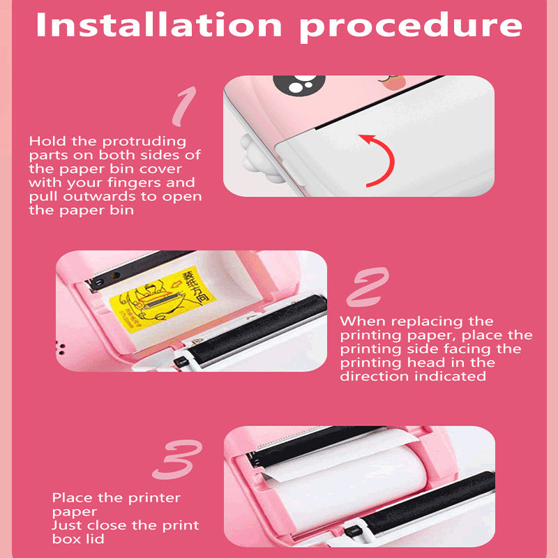 Pink cat Kids Instant Print Camera Zero Ink Digital Video Recorder with 32GB Card and 3 Paper Rolls Portable Rechargeable Toy Gift