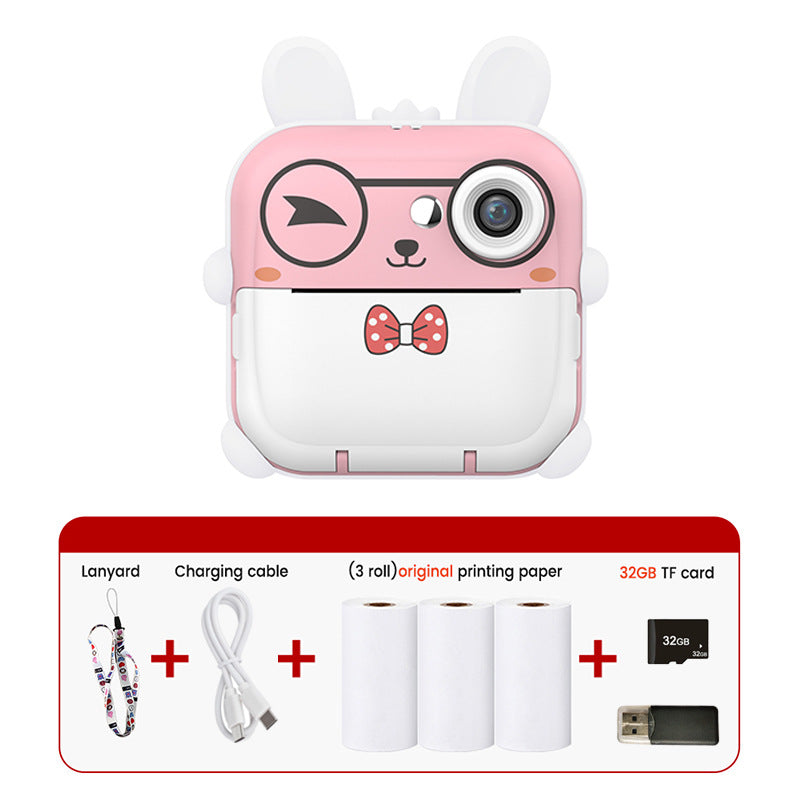 Pink rabbit Kids Instant Print Camera Zero Ink Digital Video Recorder with 32GB Card and 3 Paper Rolls Portable Rechargeable Toy Gift