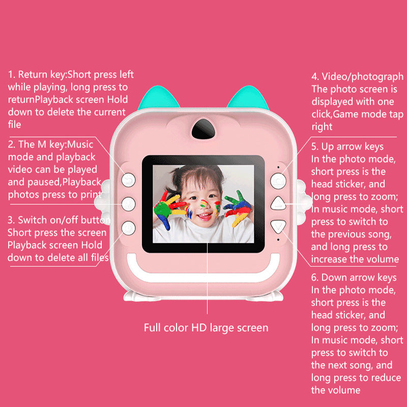 Blue rabbit Kids Instant Print Camera Zero Ink Digital Video Recorder with 32GB Card and 3 Paper Rolls Portable Rechargeable Toy Gift