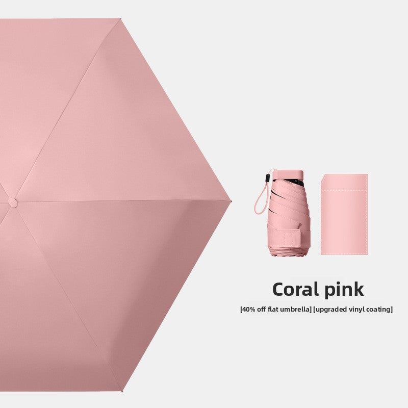 Coral pink Compact Mini Travel Umbrella UPF50+ UV Protection Waterproof 6-Fold Flat Design Lightweight Sun &amp; Rain Parasol for Handbag