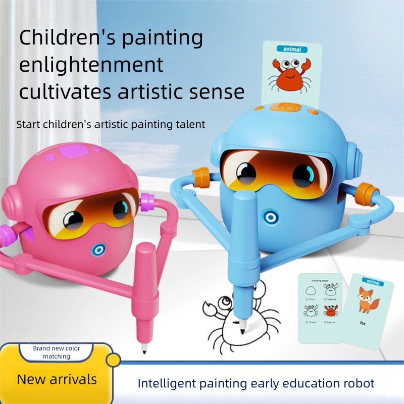 Blue Interactive Drawing Robot Educational Art Toy for Kids Smart Voice Guide Step-by-Step Painting Tutor with Cards