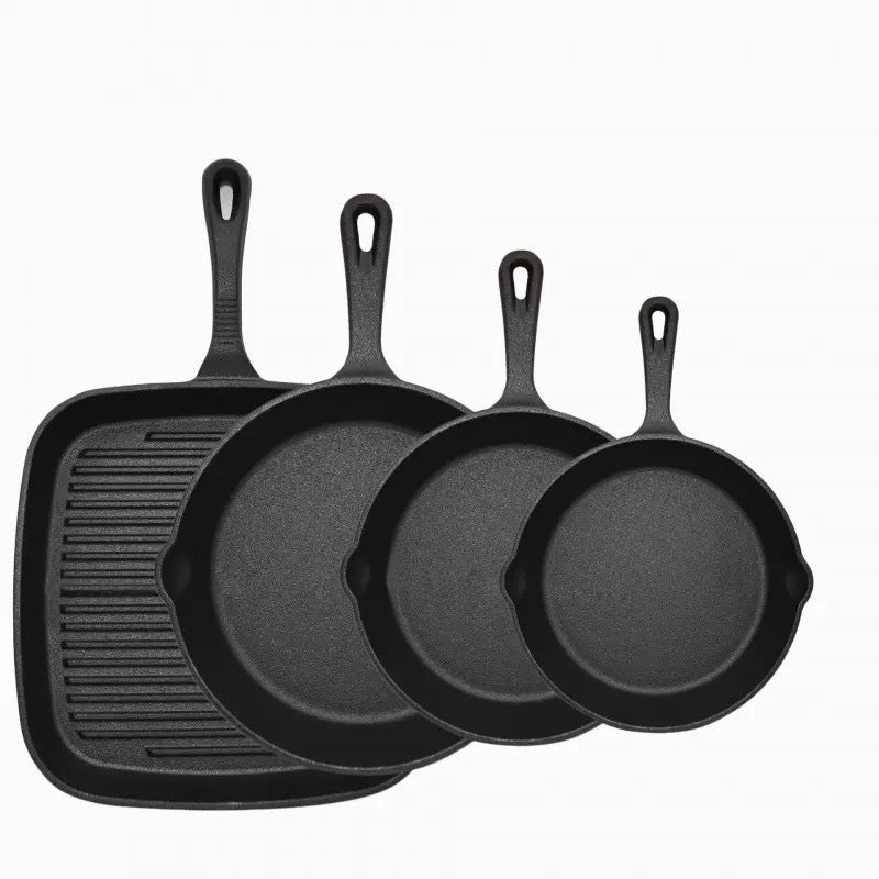 Four-piece set Heavy Duty Cast Iron Skillet &amp; Grill Pan Thickened Vintage Style Cookware for Steak Breakfast &amp; Camping