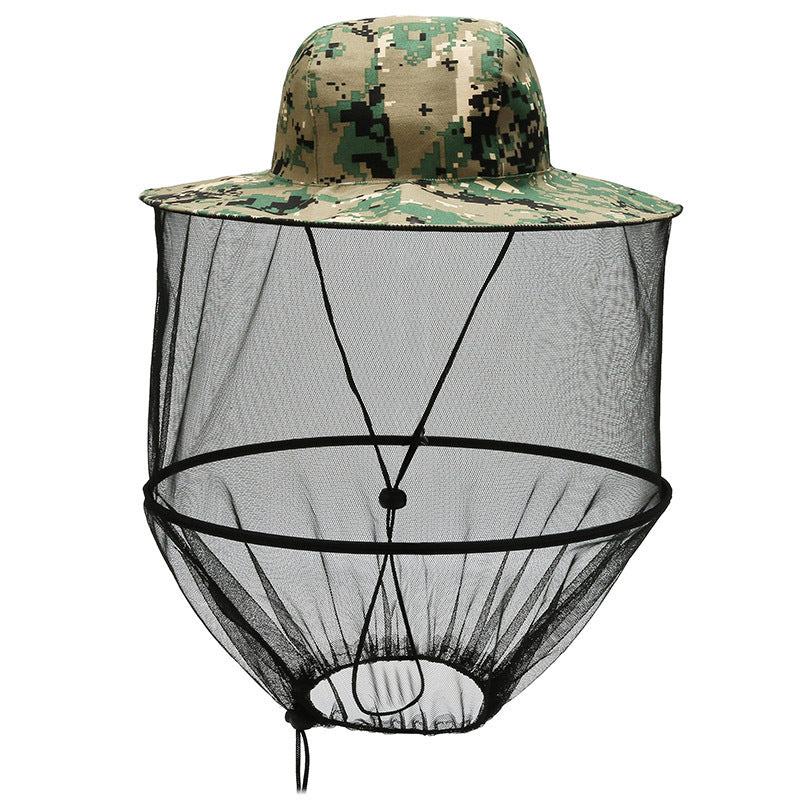 Green camouflage Outdoor Fishing Hat with Mesh Head Net Sun Protection Bucket Cap Anti-Mosquito Fly Guard for Gardening Hiking &amp; Beekeeping