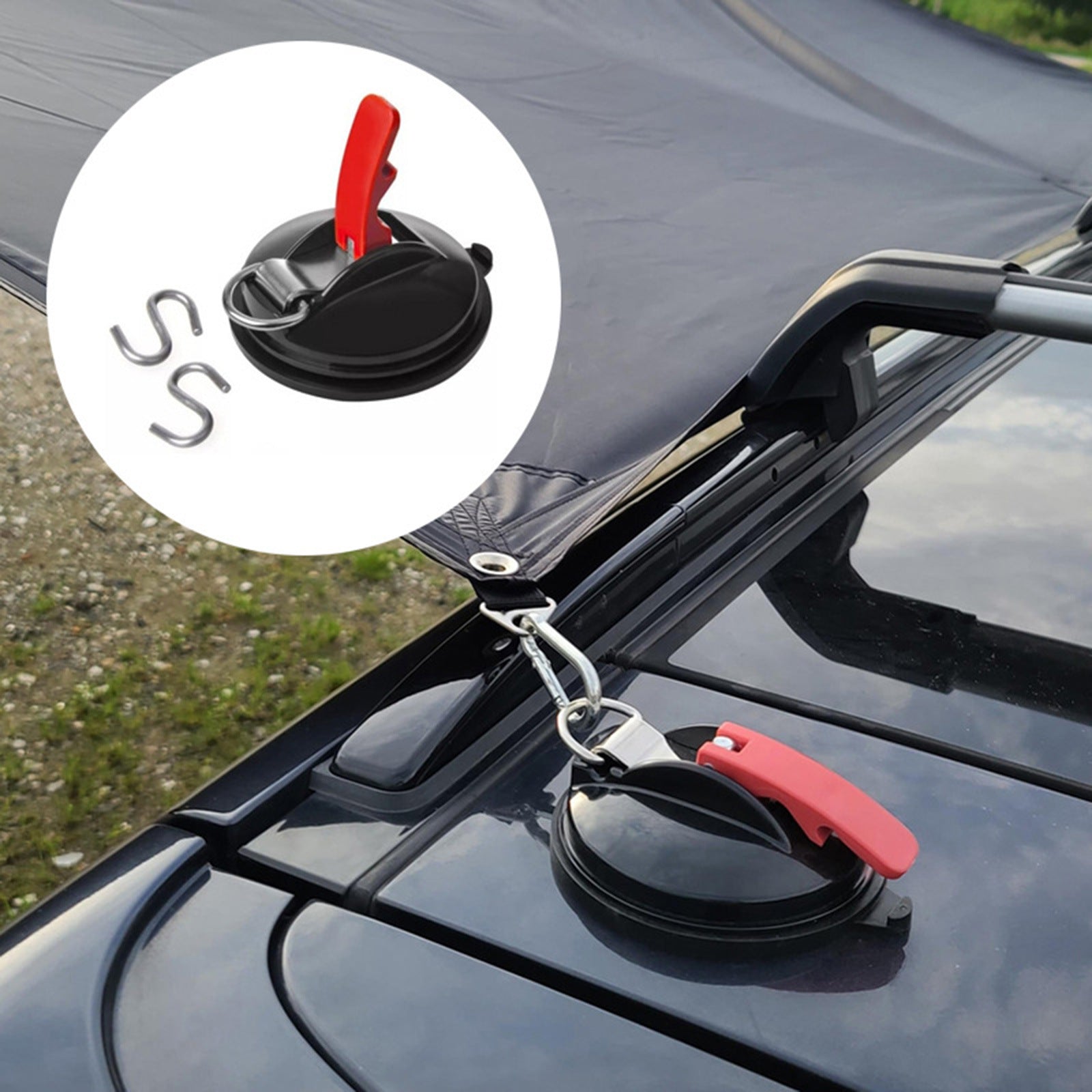 4 Pack Black plate + black buckle Heavy Duty Suction Cup Anchors with S-Hooks for Car Side Awnings and Camping Tarps Multifunctional Tie Down Points for Outdoor Road Trips 10kg Capacity
