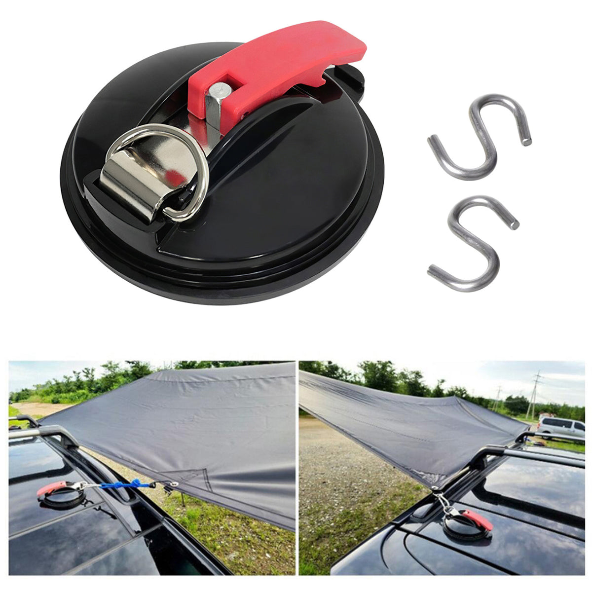 4 Pack Black plate + black buckle Heavy Duty Suction Cup Anchors with S-Hooks for Car Side Awnings and Camping Tarps Multifunctional Tie Down Points for Outdoor Road Trips 10kg Capacity