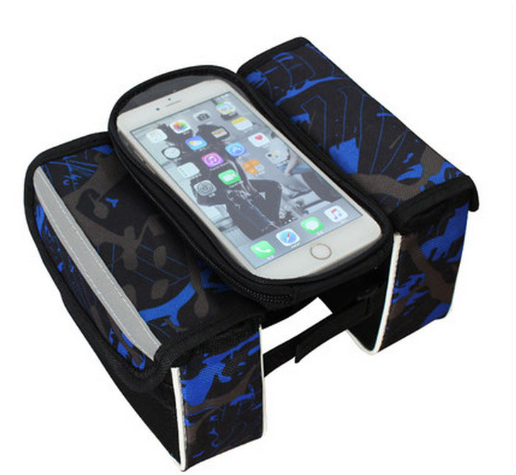 Blue Bicycle Top Tube Frame Bag with Detachable Touch Screen Phone Holder Waterproof Double Pouch Cycling Saddle Bag for Mountain Bikes