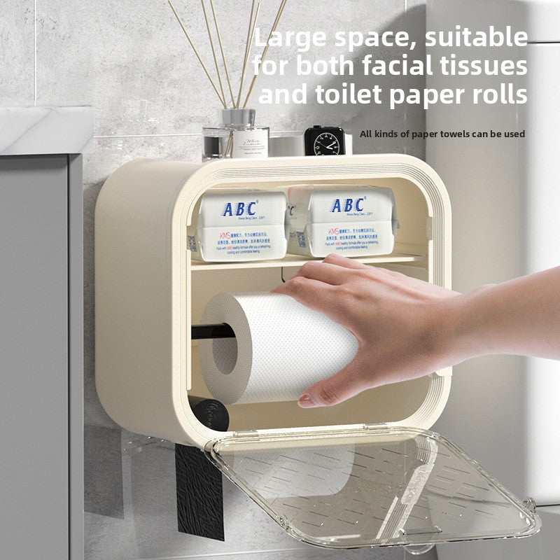 White Wall Mounted Dual Layer Bathroom Tissue Box Holder with Storage Drawer Waterproof Dispenser for Toilet Paper and Tissues