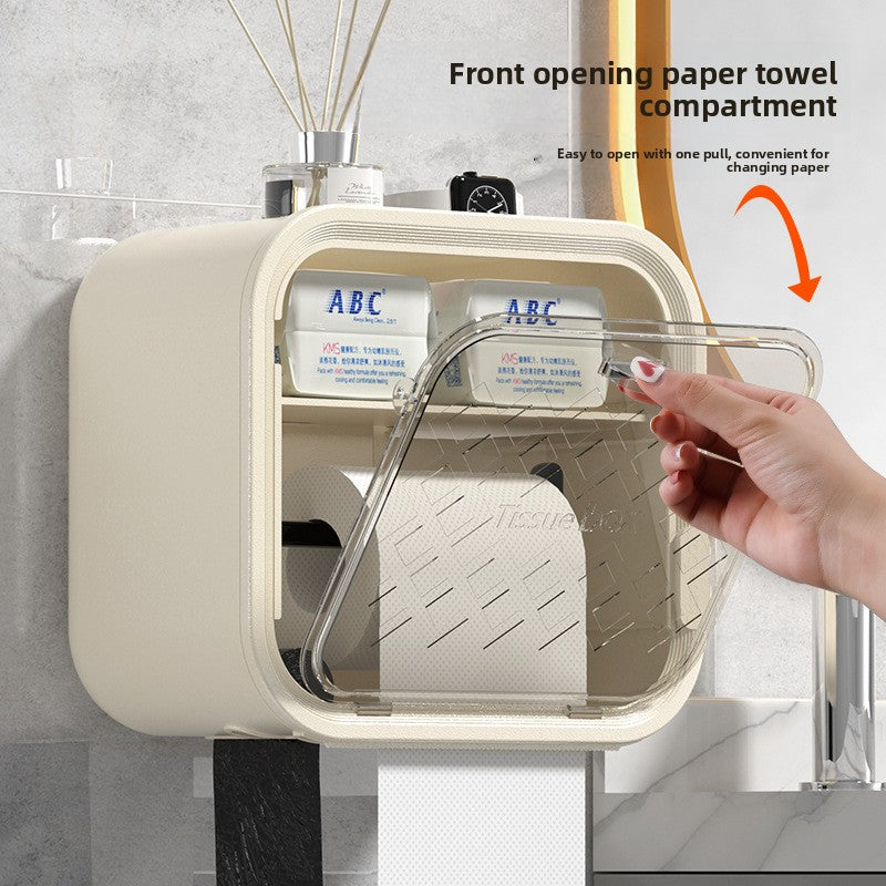 White Wall Mounted Dual Layer Bathroom Tissue Box Holder with Storage Drawer Waterproof Dispenser for Toilet Paper and Tissues