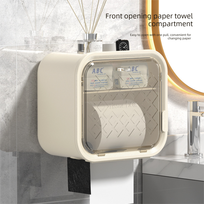 Grey Wall Mounted Dual Layer Bathroom Tissue Box Holder with Storage Drawer Waterproof Dispenser for Toilet Paper and Tissues