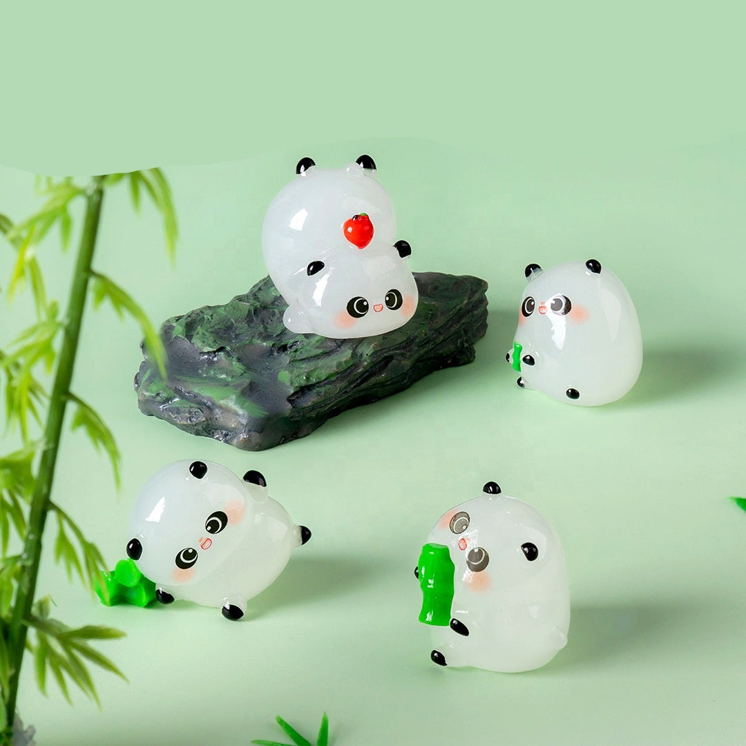 5-PCS Transparent lying bamboo Cute Glow in the Dark Panda Figurines Resin Miniature Ornaments for DIY Fairy Gardens and Micro Landscapes