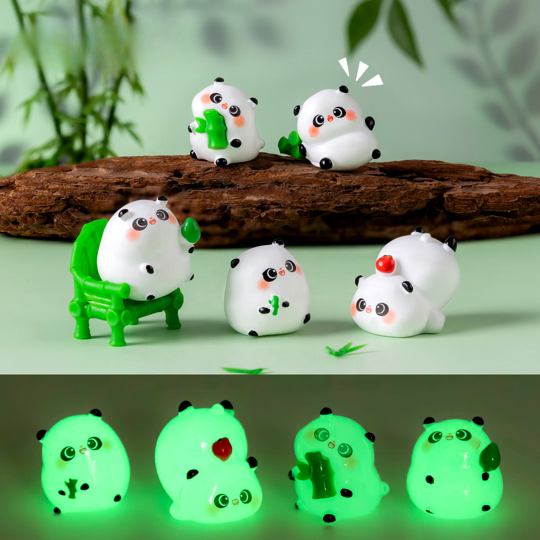 5-PCS Transparent small bamboo Cute Glow in the Dark Panda Figurines Resin Miniature Ornaments for DIY Fairy Gardens and Micro Landscapes