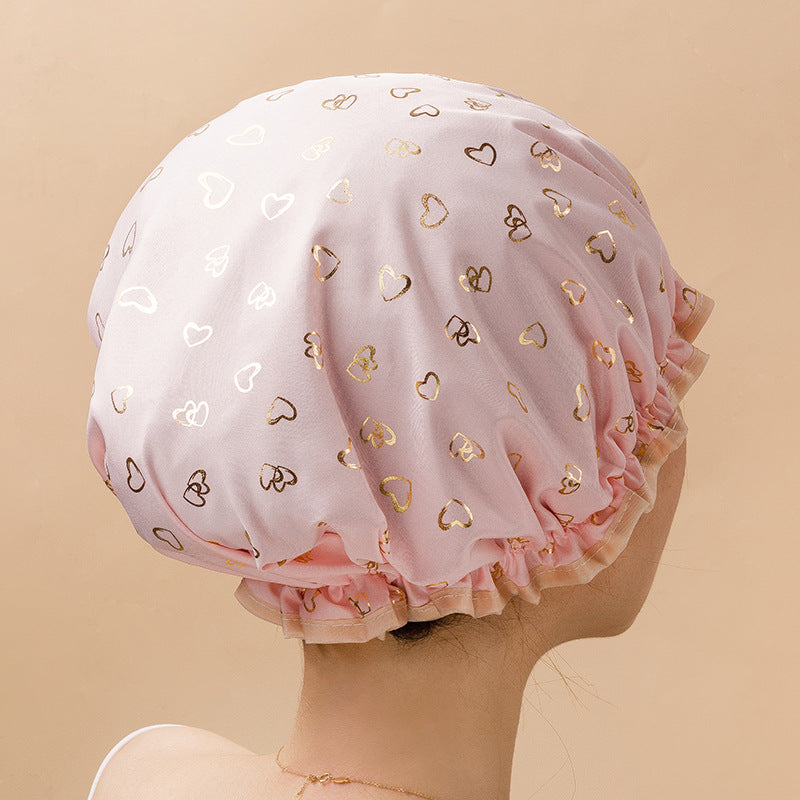3 Pack Pink Double Layer Shower Cap for Women Waterproof Bath Hair Cover Reusable Elastic Hat for Spa Salon and Home Use
