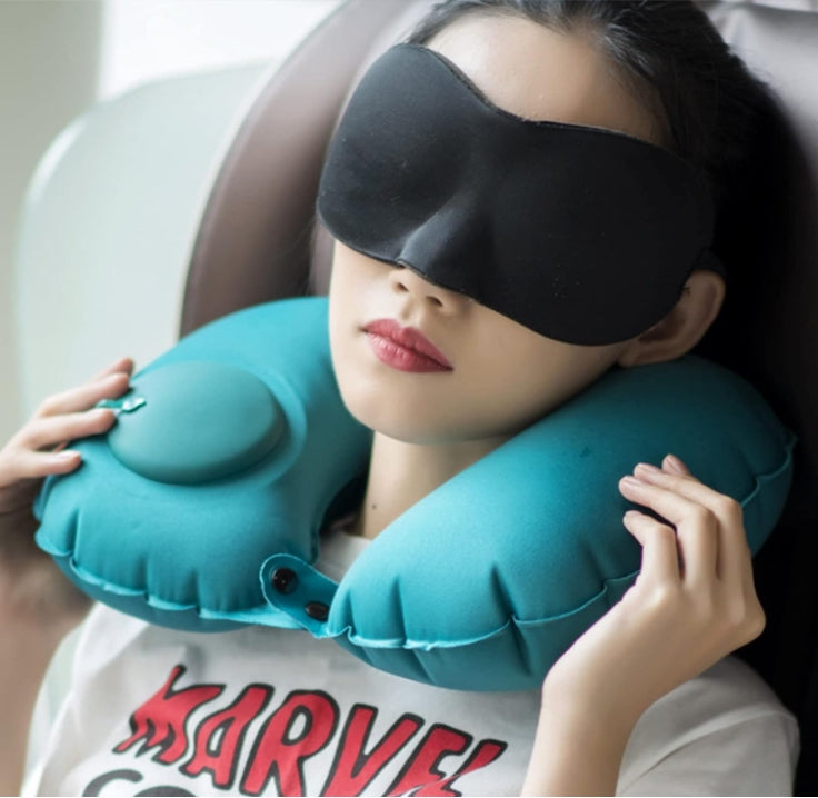 2-PCS Rose red Inflatable Travel Neck Pillow Press to Inflate U-Shape Soft Flocking Support Cushion for Airplane Car & Camping Portable Air Pump Design