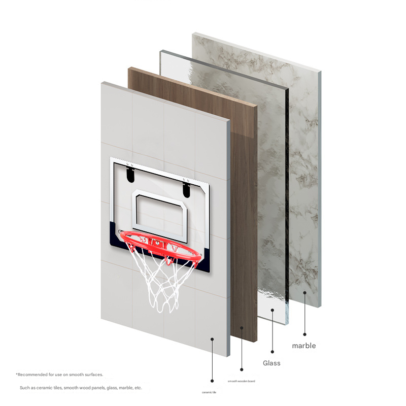 Indoor mini basketball hoop with one 14cm ball Folds flat for door mounting Spring-loaded action with detachable basket Transparent backboard Fun for children and adults in home offices