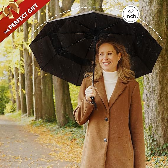 Grey Automatic Windproof Travel Umbrella Compact Folding Umbrella Auto Open and Close with Vented Double Canopy for Rain and Sun
