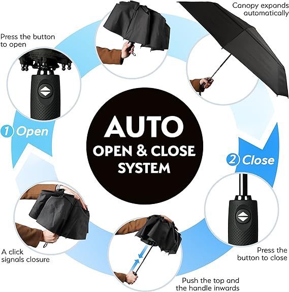 Blue Automatic Windproof Travel Umbrella Compact Folding Umbrella Auto Open and Close with Vented Double Canopy for Rain and Sun