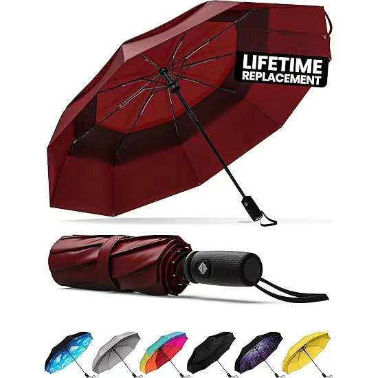 Red Automatic Windproof Travel Umbrella Compact Folding Umbrella Auto Open and Close with Vented Double Canopy for Rain and Sun